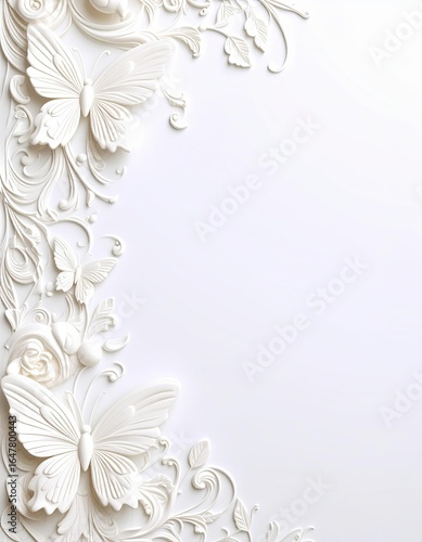 Ornate white embossed butterflies and blossoming floral patterns intricately carved, forming a serene and elegant backdrop perfect for sophisticated decorative applications.