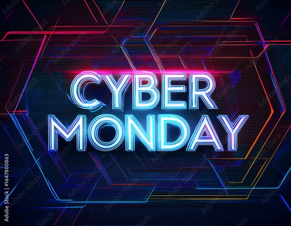Naklejka premium cyber monday abstract glowing neon text with glitch effect on dark background