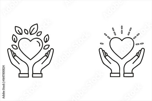 Hands holding heart with leaves and radiating light silhouette
