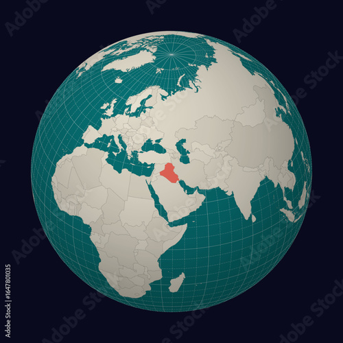 Iraq on the map. Globe centered to Iraq. Country location on the world map. Teal Pale Mint color palette. Globe with countries, meridians and parallels. Awesome vector illustration.