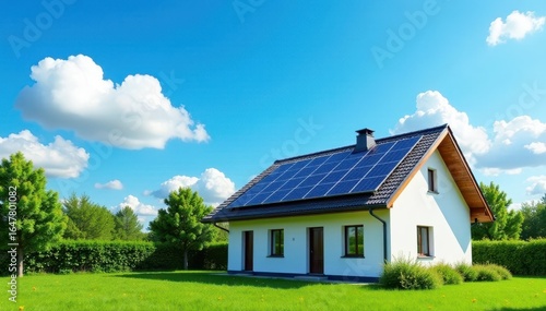 Wallpaper Mural Blue sky partially clouded over a home featuring solar panels on its slanted roof, energy, renewable, day Torontodigital.ca