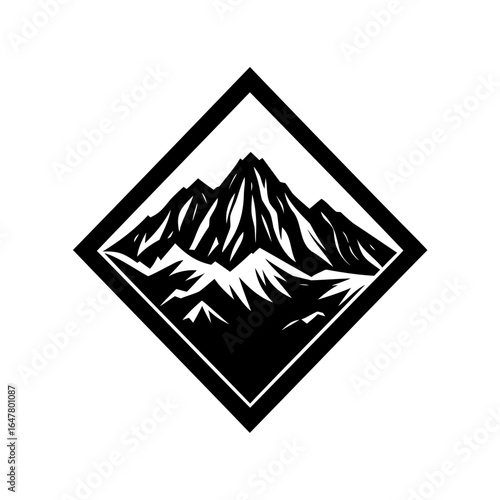 Black and White Mountain Peak Inside a Diamond Border Illustration Vector