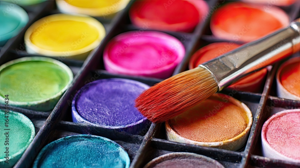 Naklejka premium Paintbrush dips into a vibrant watercolor palette, ready to unleash a burst of colorful creativity