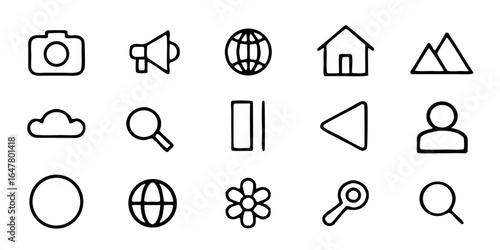 Collection of simple line icons isolated on white background representing various functionalities such as camera, megaphone, globe, house, cloud, search, and more for user interface design