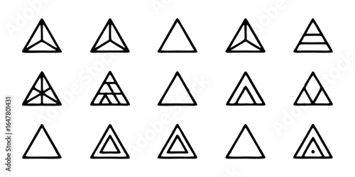Set of fifteen unique triangle designs isolated on white background, showcasing various geometric patterns and abstract shapes for creative projects and artistic endeavors