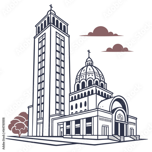 Illustration of a church with a tall tower and dome with clouds in the background on white paper