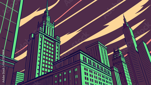 Illustration of tall buildings with green accents against a colorful sky from a low angle view