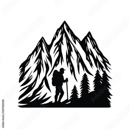 Silhouette of a hiker amidst majestic mountains and serene forest landscape