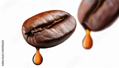 drop of coffee dripping from coffee seed isolated on white background