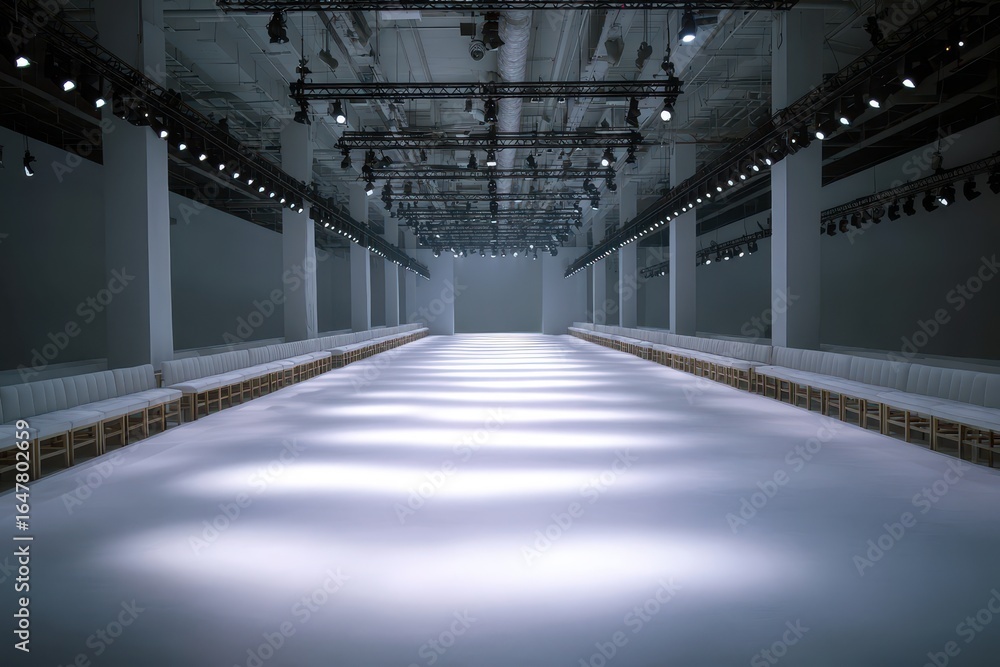 Fototapeta premium Empty Fashion Runway with Lights and Seating, Ready for Show
