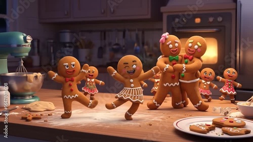 Whimsical animated gingerbread family dancing joyfully in a warm kitchen during festive season, oven glowing, evoking a sense of holiday cheer and family togetherness