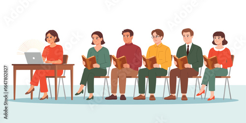 Educational scene with diverse students seated in a row, one using laptop at desk, others reading books, symbolizing learning and study