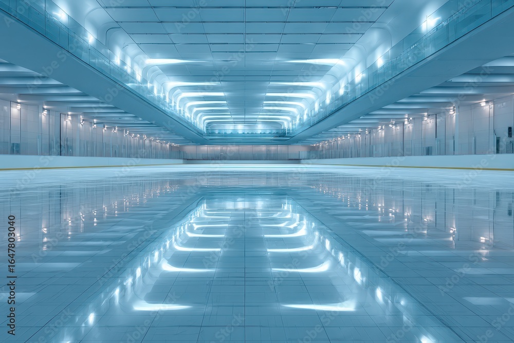 Fototapeta premium Empty Ice Hockey Rink with Reflective Surface and Bright Overhead Lighting System.