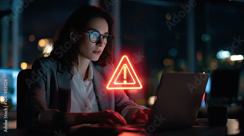 Businesswoman working late at night encounters computer warning in office