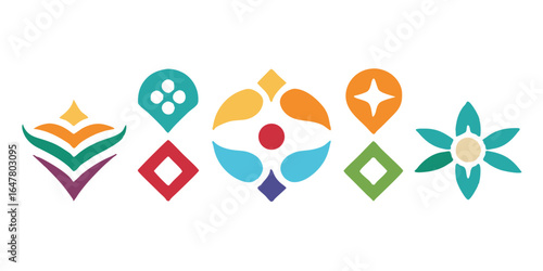 Collection of colorful abstract geometric symbols isolated on white background for modern logo design, creative graphic elements, and decorative ornaments with floral and natural concepts
