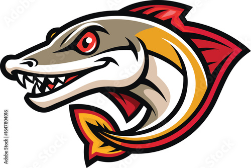 Aggressive fish mascot with sharp teeth and red fins