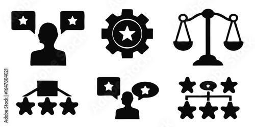 Set of black and white rating icons isolated on white background showing customer feedback, quality evaluation, and business success with stars, scales, and people