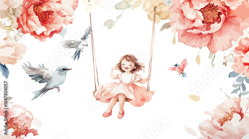 Watercolor Illustration of a Girl on a Swing Surrounded by Flowers and Birds