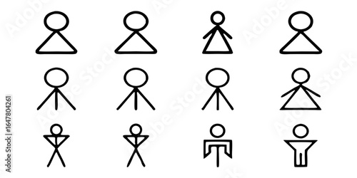 Minimalist stick figure set isolated on white background a collection of simple line drawings representing human body shapes, gender, and abstract characters for pictograms