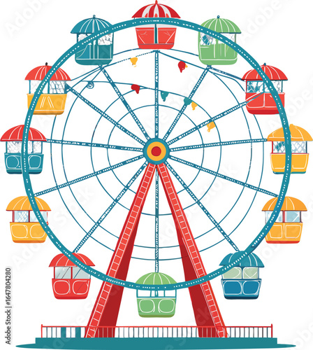 Bright carnival ferris wheel with colorful cabins, flat illustration, white background.