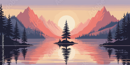 Canvas Print Serene lake landscape illustration with central tree island, mountain backdrop,