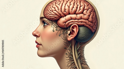 Detailed anatomical illustration of a human brain and head