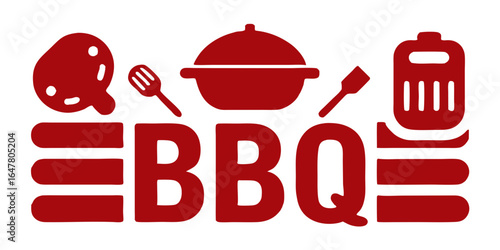 This is a stylized red logo with the word "BBQ" in bold letters. Surrounding the letters are icons related to grilling, including a grill, a spatula, a pot, and a food item. The overall design conveys