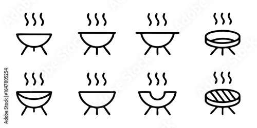 Collection of barbecue grill icons isolated on white background featuring various designs for outdoor cooking, summer parties, and picnic, perfect for foodrelated projects and events