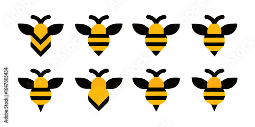 Eight stylized bumble bees isolated on white background, showcasing a modern and minimalist design with sharp lines and geometric shapes, perfect for adding a touch of buzz to any project