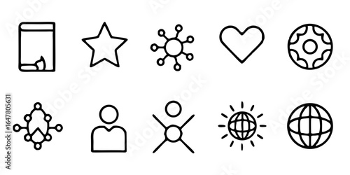 Collection of simple line icons isolated on white background featuring a book, star, molecule, heart, donut, user, success, globe, and more, perfect for web design and user interfaces