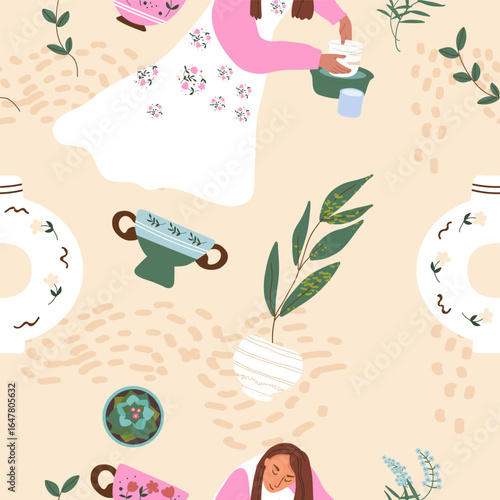 Pottery, workshop, ceramics, dishes seamless pattern in flat design. Hand drawn vector illustration.