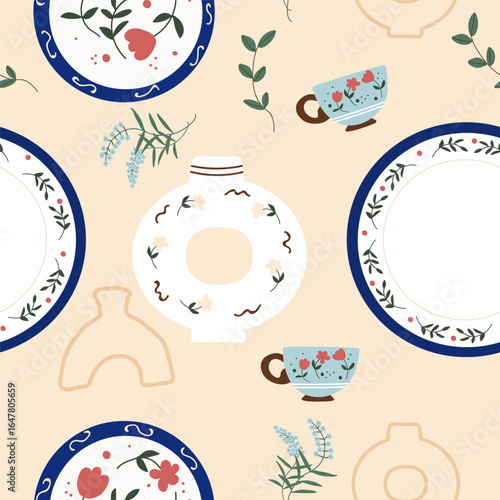 Pottery, workshop, ceramics, dishes seamless pattern in flat design. Hand drawn vector illustration.