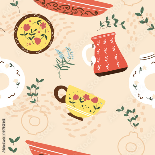 Pottery, workshop, ceramics, dishes seamless pattern in flat design. Hand drawn vector illustration.