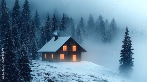 Snowy cabin nestled in a misty mountain forest at night.  Warm light from interior illuminates the dwelling