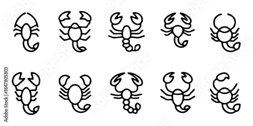 Collection of simple black line icons of scorpions isolated on white background with claws and stings in various styles for web and app design representing danger and wildlife