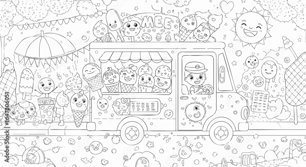 Fototapeta premium Whimsical Ice Cream Truck Scene Featuring Adorable Characters and Sweet Treats