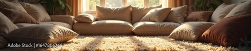 Relaxing scene of a cozy living room with soft lighting, plush pillows scattered on the floor, inviting atmosphere for rest and relaxation , home, comfortable, minimalist