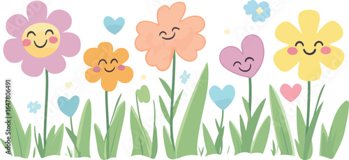 Joyful cartoon flowers with smiling faces bloom in a vibrant spring garden