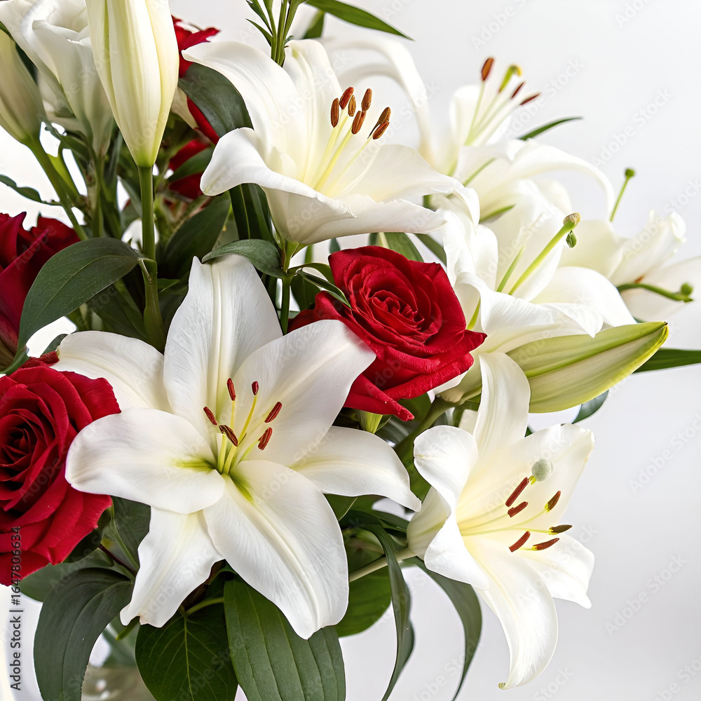 Obraz premium Beautiful bouquet of lilies and roses with vibrant petals.