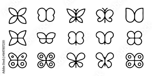 Collection of simple black and white butterfly icons in various shapes and styles isolated on white background, perfect for naturethemed designs and creative projects
