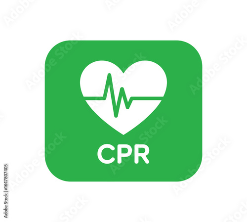 CPR symbol illustration with white heart and heartbeat line on green rounded square background, “CPR” text below for emergency awareness
