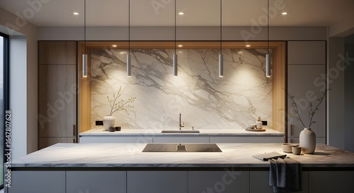 contemporary kitchen with marble slab backsplash, neutral palette, cinematic mood lighting
