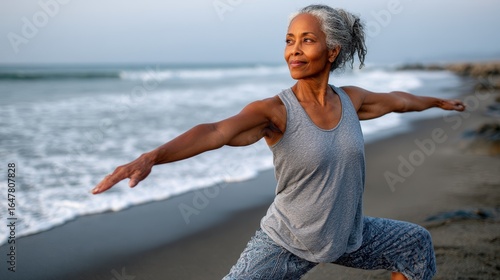 A healthy senior woman practices yoga on a beach, enjoying serenity and wellness