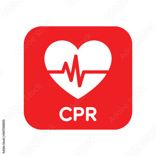 CPR symbol illustration with white heart and red ECG line on red rounded square background, with “CPR” text below for emergency awareness