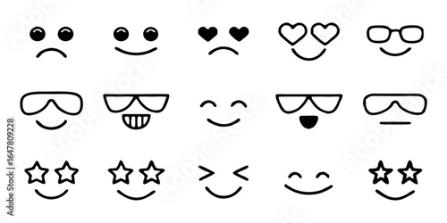 Collection of adorable and minimalist smiley faces isolated on white background, each conveying a different emotion, perfect for adding a touch of whimsy to your designs