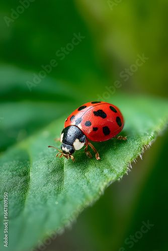 Close up of ladybug with black spots on fresh green leaf, vibrant colors, natural outdoor setting, macro photography, peaceful and detailed nature scene