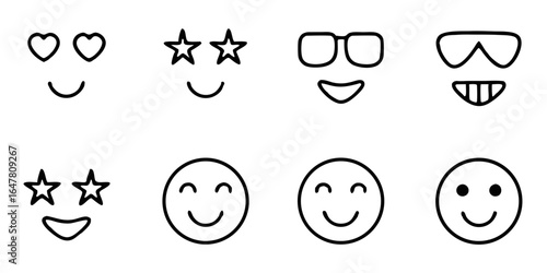 Set of cheerful and minimalist smiley faces isolated on white background, showcasing a range of emotions, perfect for adding a touch of joy to your designs and social media