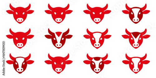 A collection of twelve red cow head icons isolated on white background, showcasing various breeds and markings, perfect for agricultural, food, or animalthemed designs and branding projects