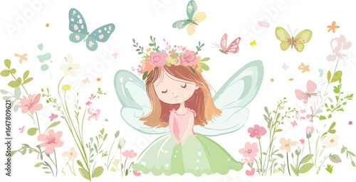 Whimsical watercolor fairy with delicate wings surrounded by blooming flowers and butterflies