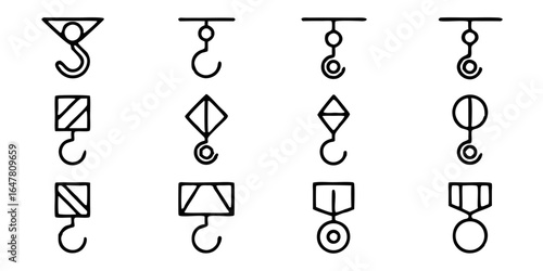 Diverse set of black and white crane hook icons isolated on white background showcasing lifting mechanisms for industrial construction and heavy machinery applications in a minimalist style